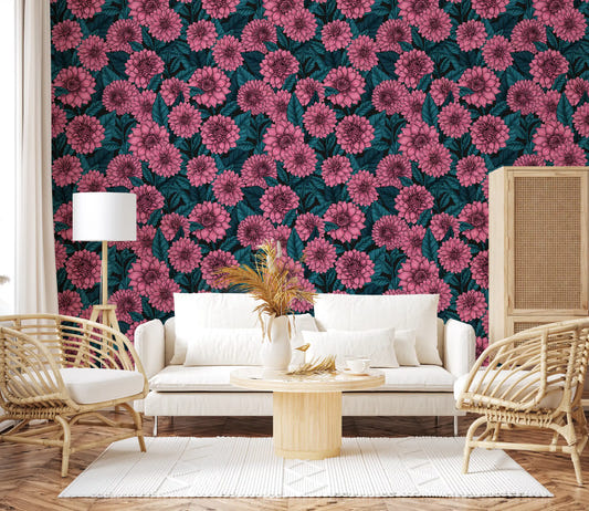 Pink Dahlia garden blue leaves Wallpaper for a living room.