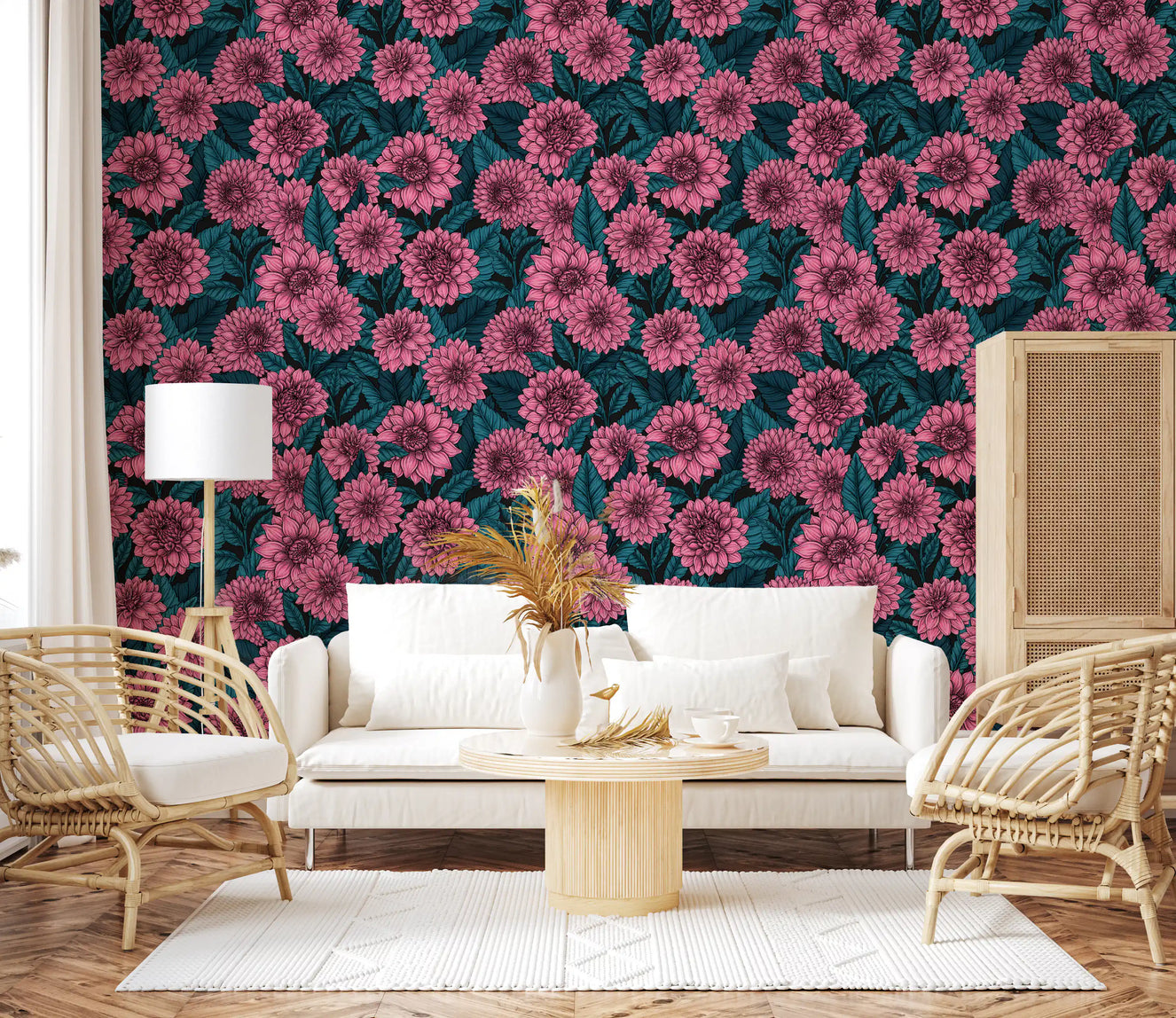 Pink Dahlia garden blue leaves Wallpaper for a living room.