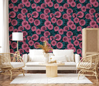Pink Dahlia garden blue leaves Wallpaper for a living room.