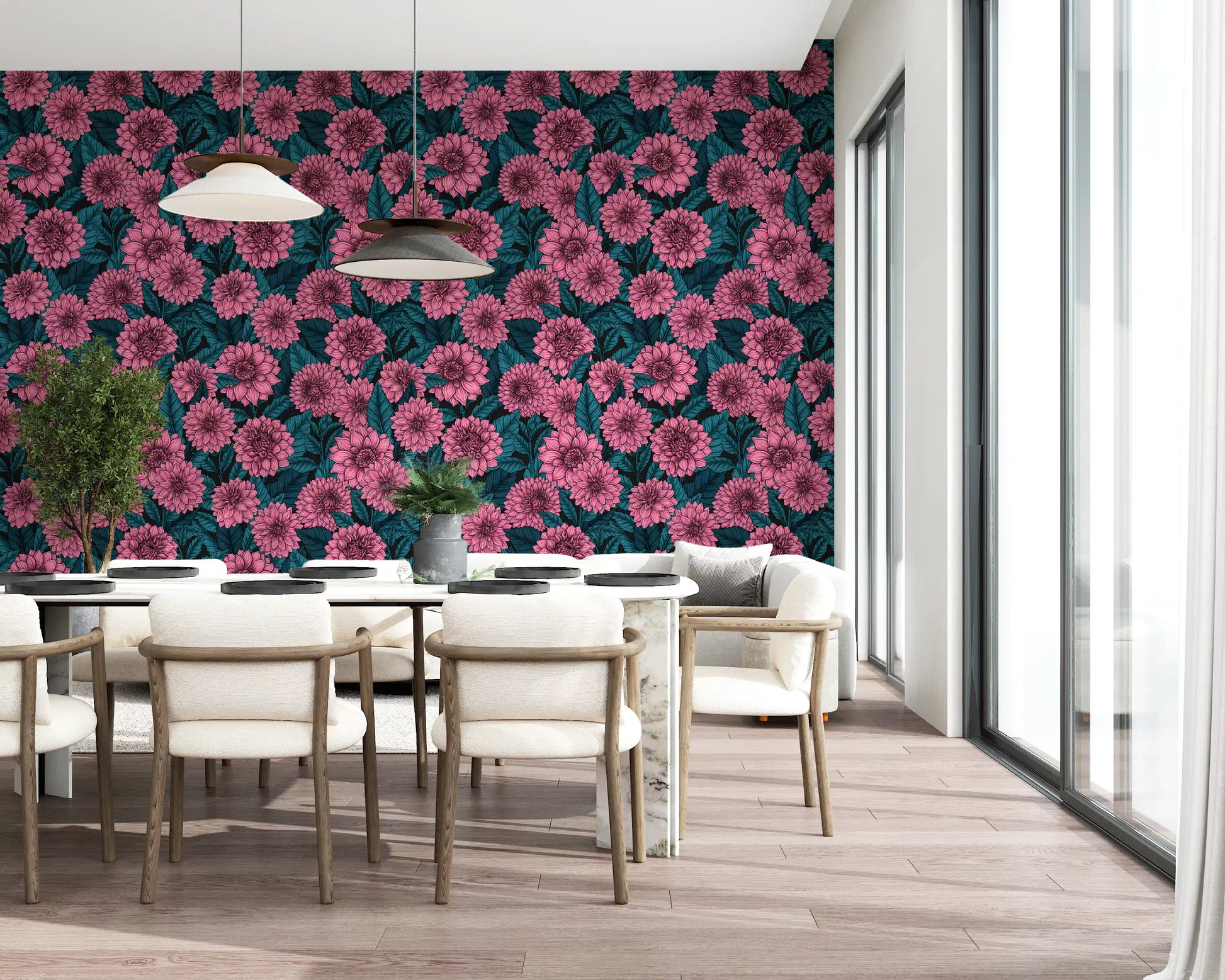 Hand-drawn pink flowers and teal leaves on dark backing wallpaper.