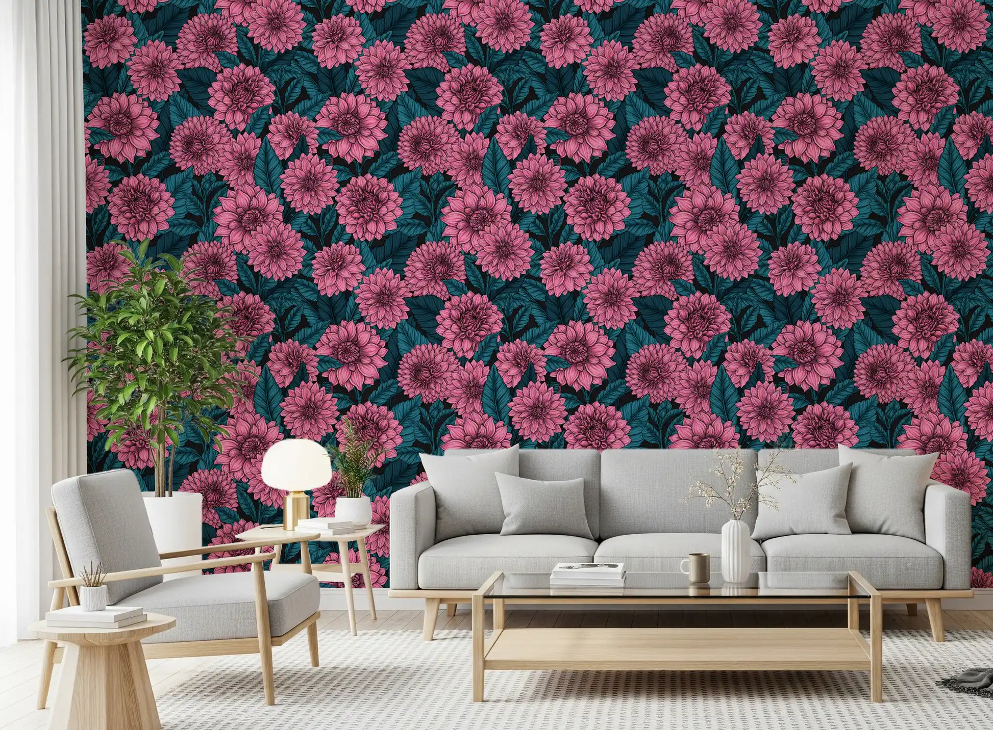 Teal leaves and pink dahlia garden wallpaper for a living room decoration.