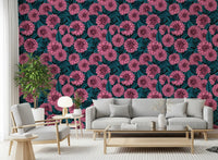 Teal leaves and pink dahlia garden wallpaper for a living room decoration.
