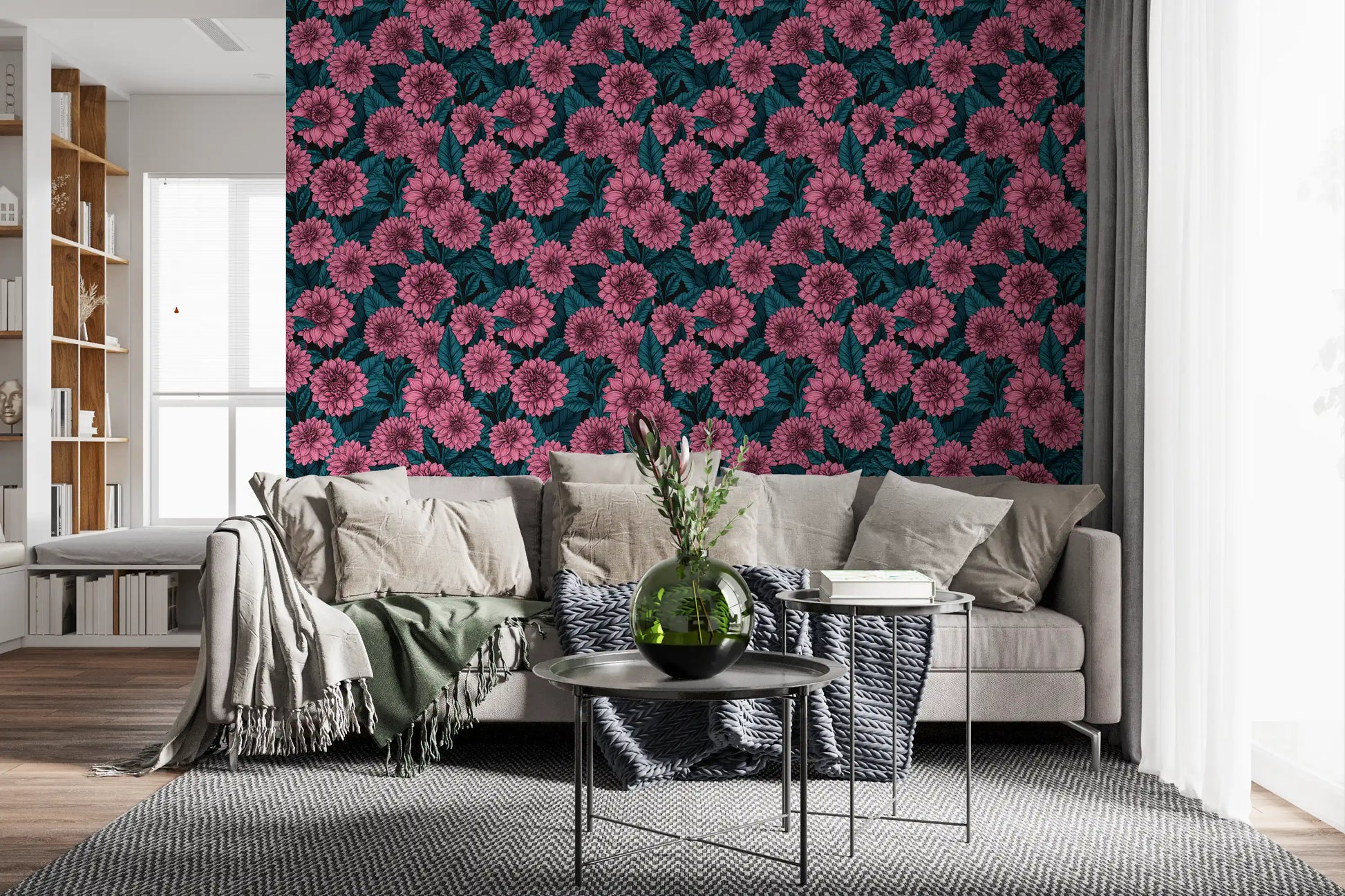 Pink Dahlia garden blue leaves Wallpaper for a hallway backdrop.