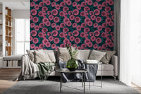 Pink Dahlia garden blue leaves Wallpaper for a hallway backdrop.