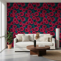Garden style wallpaper with dense pink dahlia blooms and teal foliage.