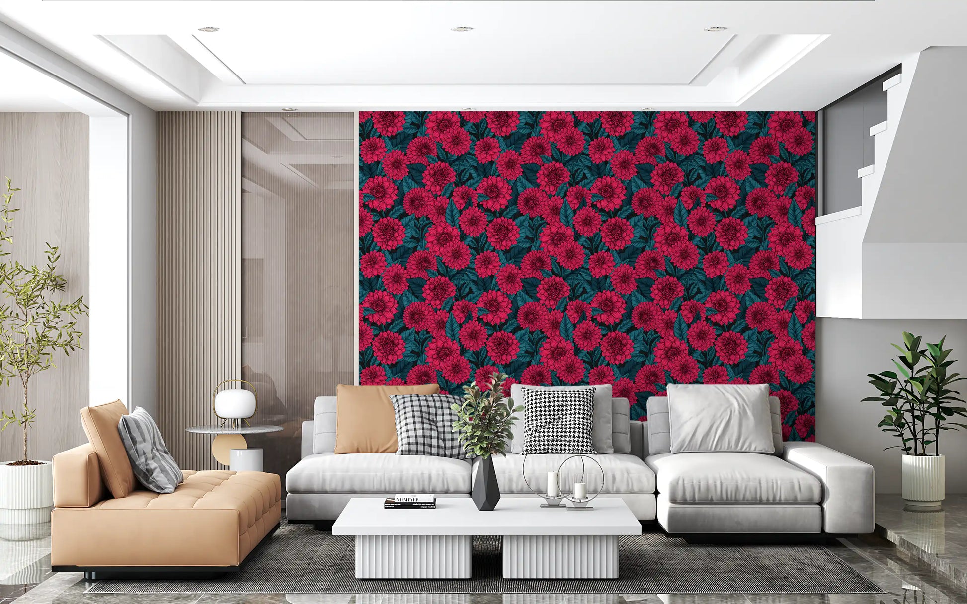 Red Dahlia garden blue leaves Wallpaper for a living room feature wall.