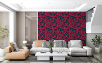 Red Dahlia garden blue leaves Wallpaper for a living room feature wall.