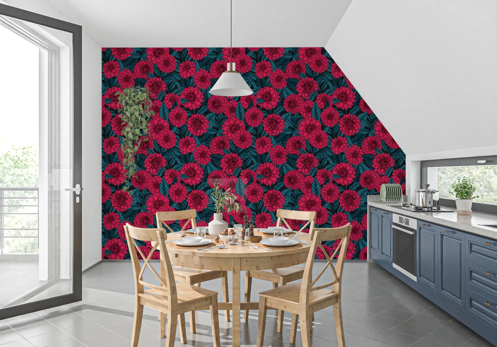 Red floral wallpaper with dark teal leaves for formal dining room decoration.