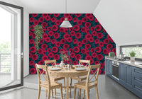 Red floral wallpaper with dark teal leaves for formal dining room decoration.