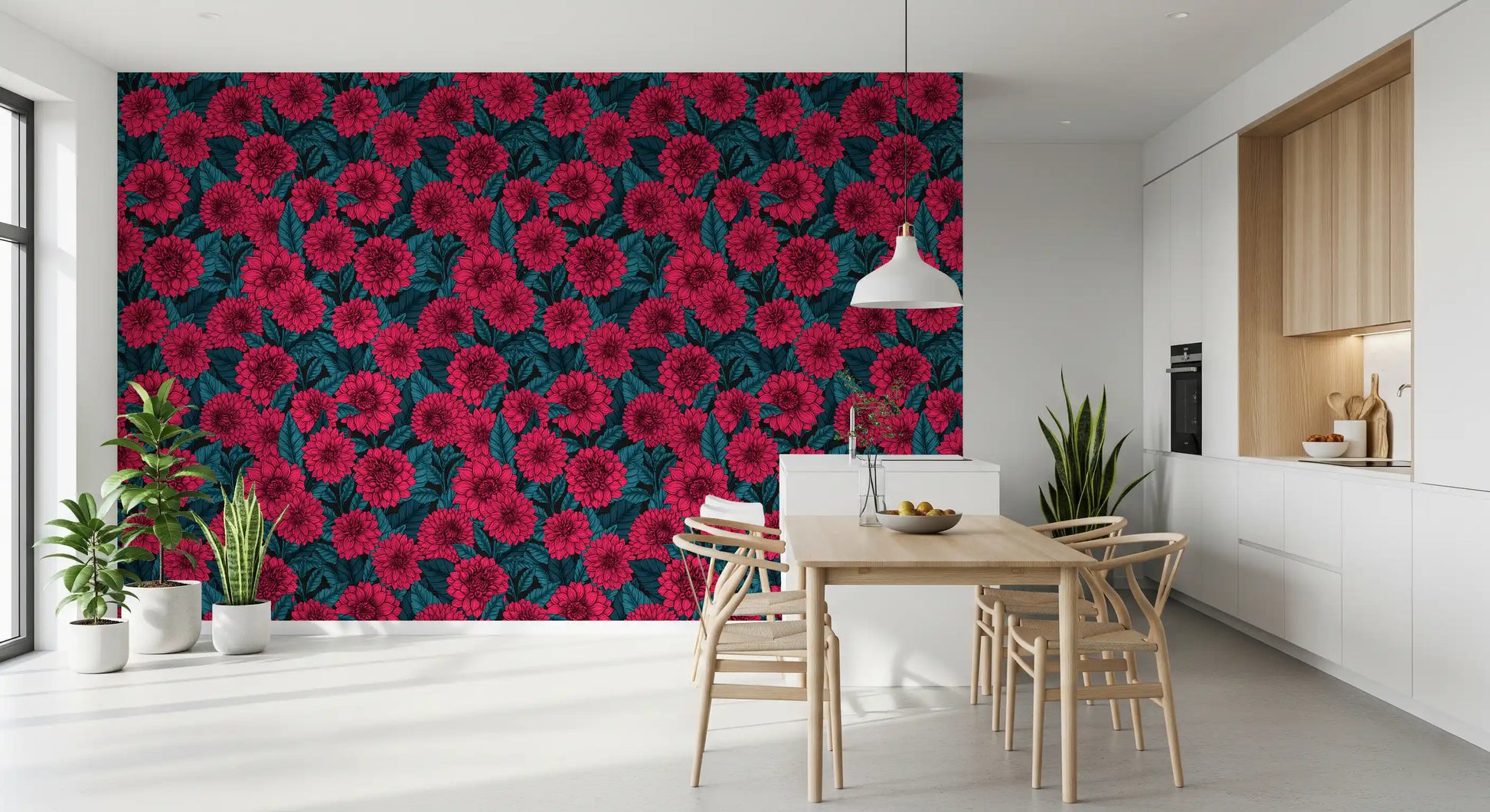 Red flowers wallpaper with hand drawn dahlia graphics for home dining room.