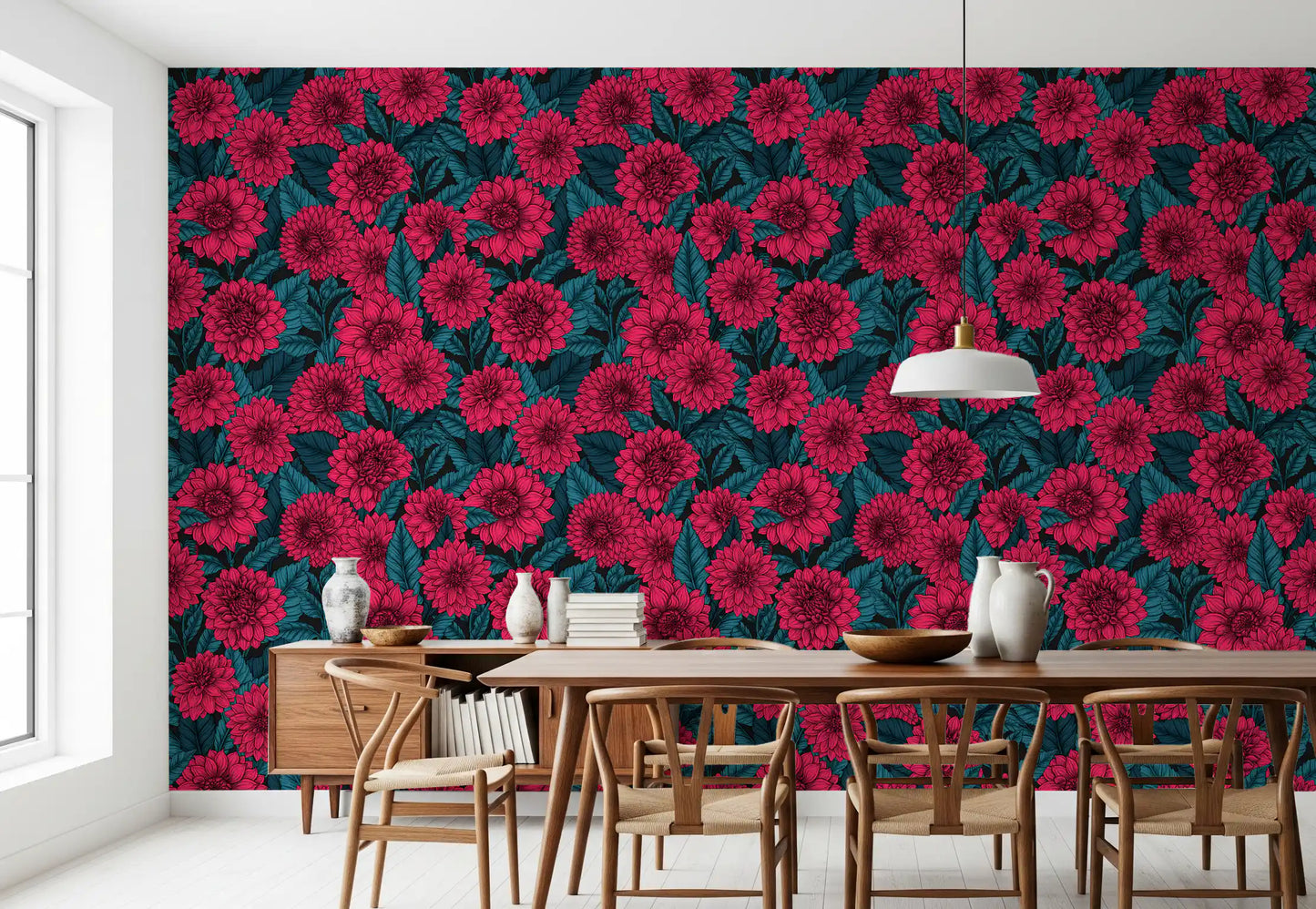Red Dahlia garden blue leaves Wallpaper in a modern dining room.
