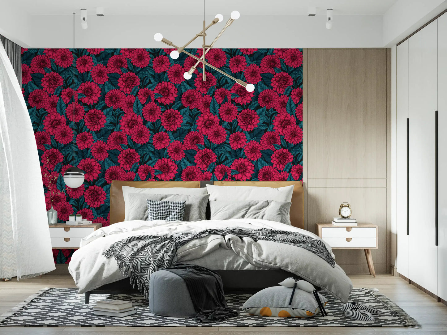 Garden themed wallpaper for bedroom walls with illustrated pink floral art.