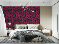 Garden themed wallpaper for bedroom walls with illustrated pink floral art.