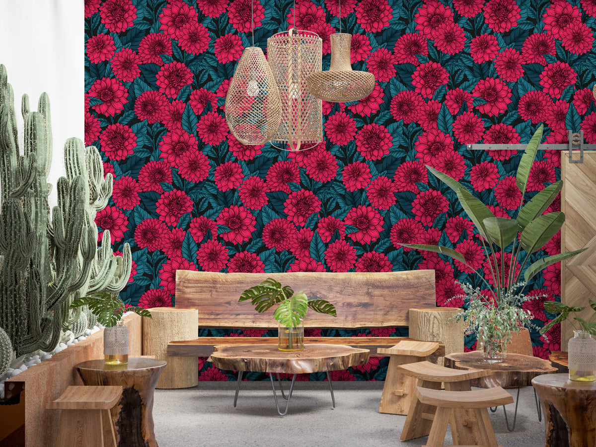Red Dahlia garden blue leaves Wallpaper with botanical pink flowers and teal., GD9818