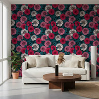Large red wallpaper featuring dark botanical foliage illustrations.