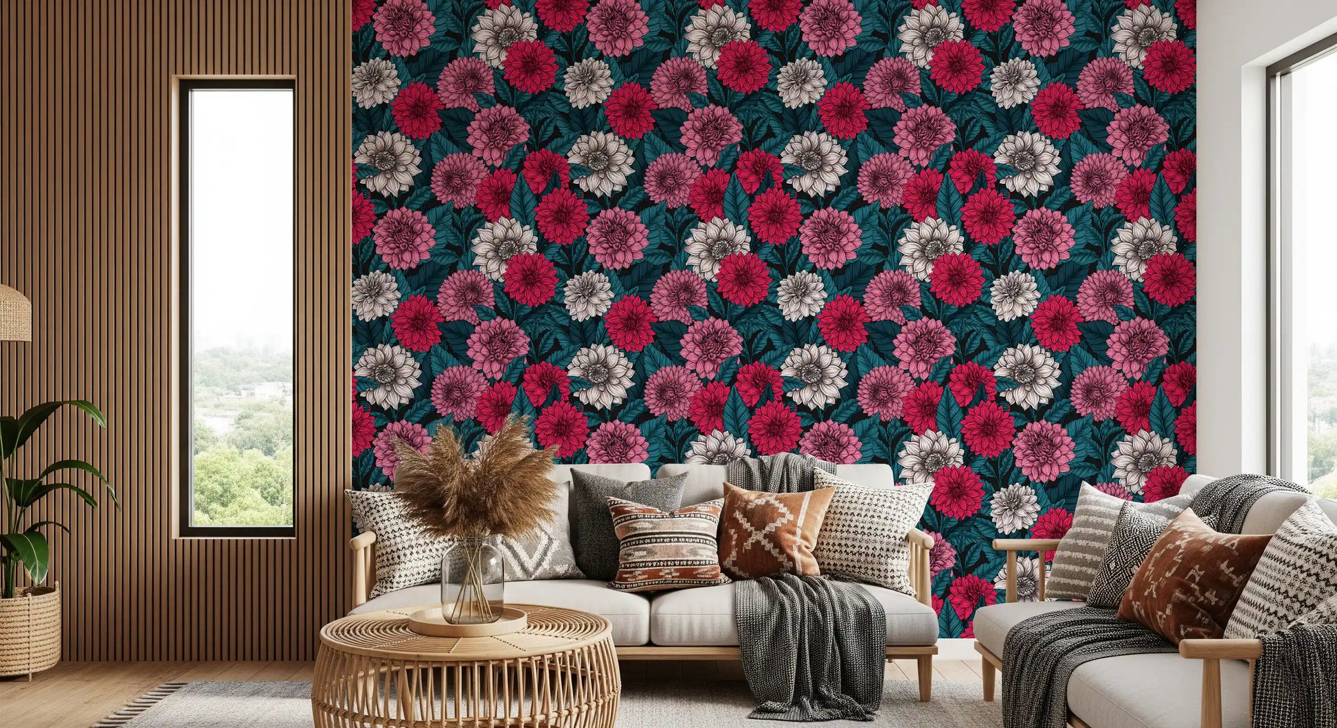 Dark teal blue wallpaper for a modern floral pattern design layout.