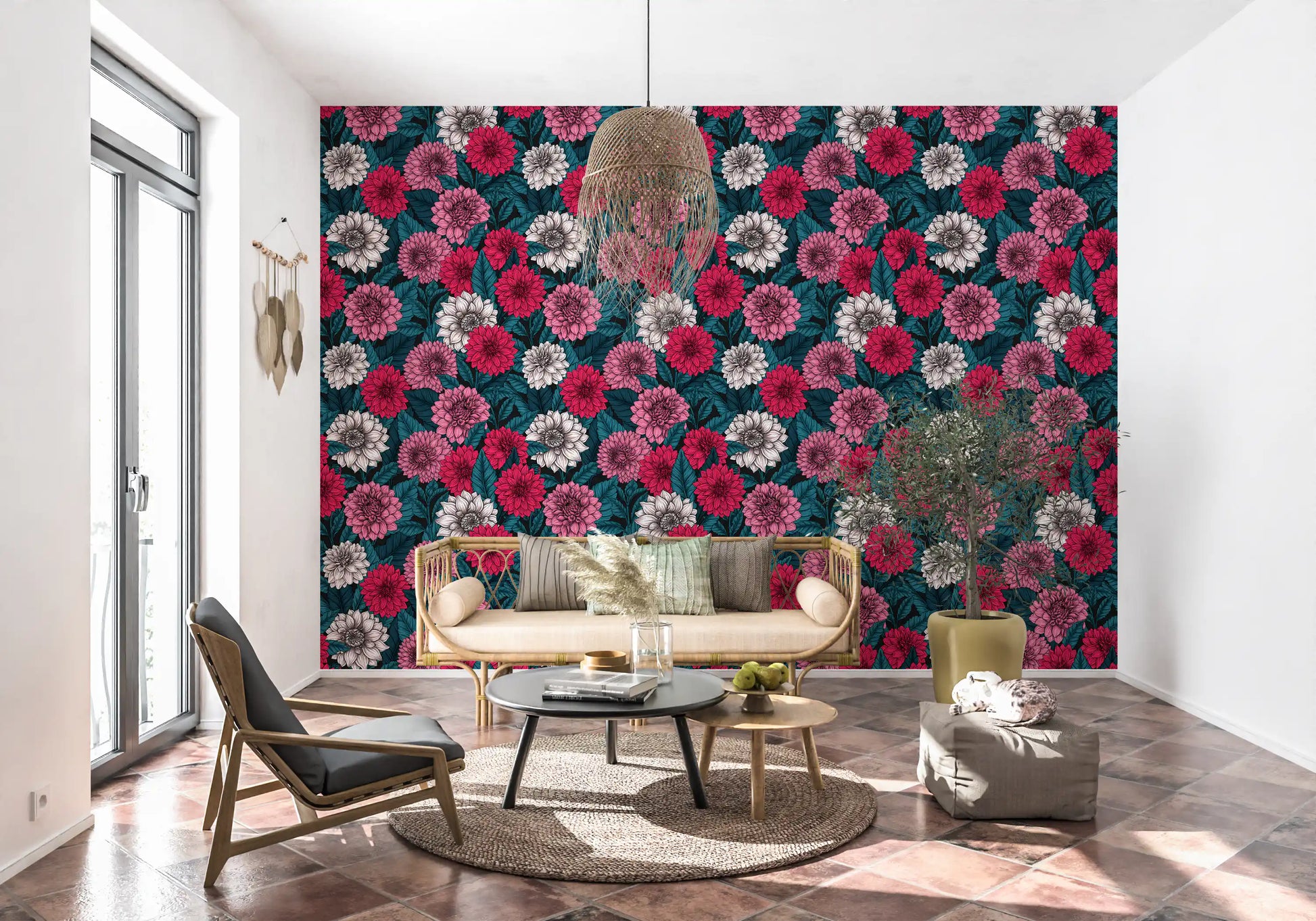 Vibrant pink wallpaper with dark navy leafy stems on a black background.