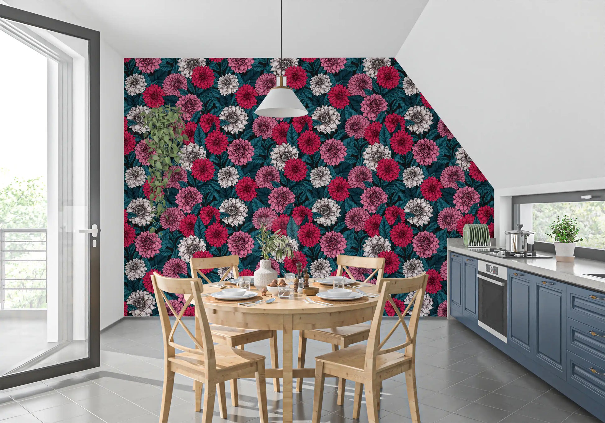 Dahlia garden pink red and white flowers blue leaves Wallpaper for an dining space.