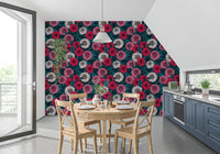Dahlia garden pink red and white flowers blue leaves Wallpaper for an dining space.