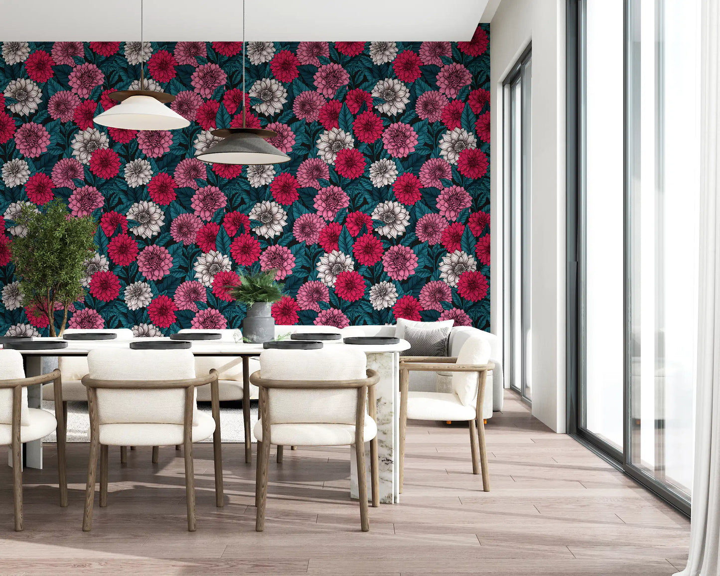 Dahlia garden pink red and white flowers blue leaves wallpaper for a dining room.