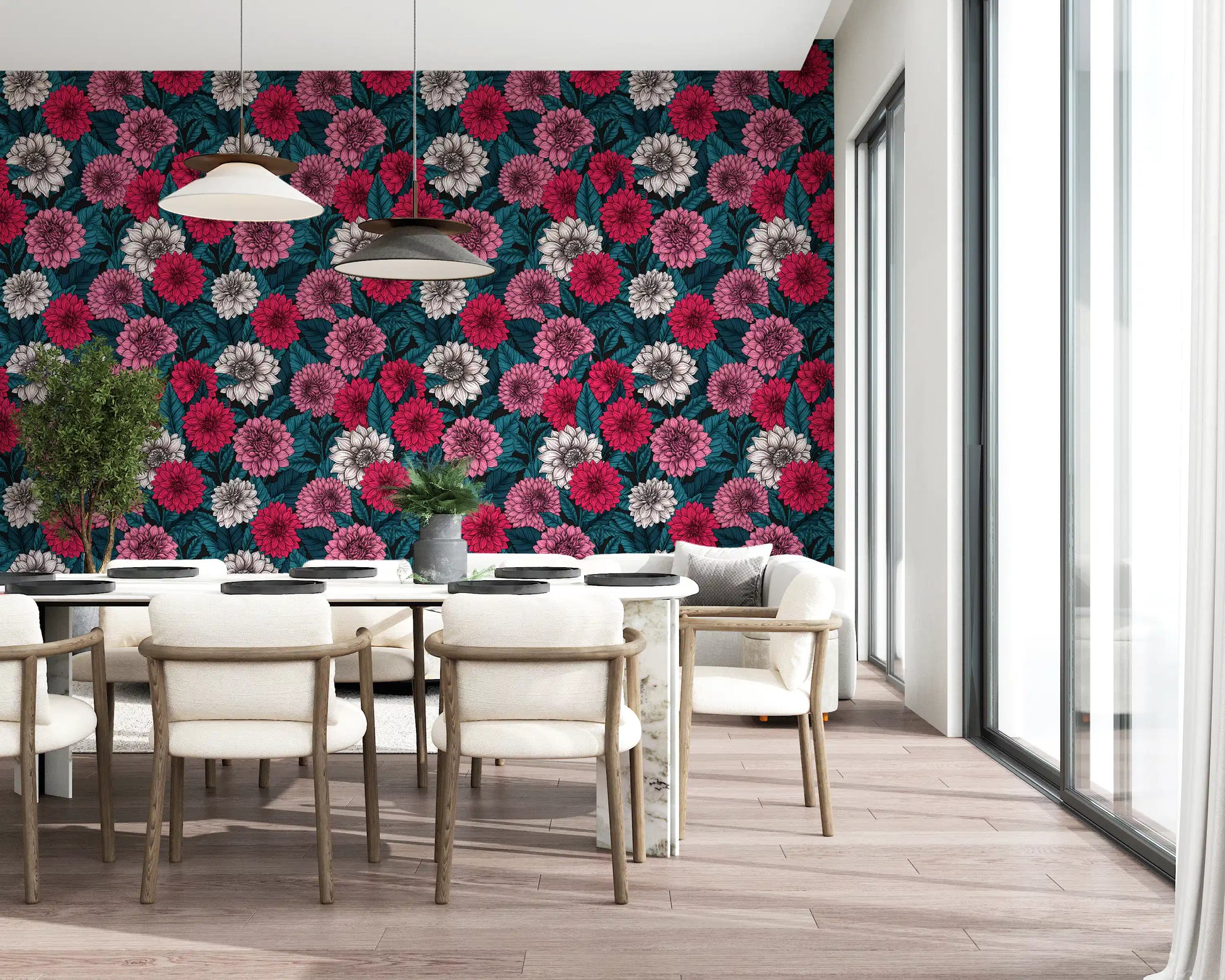 Dahlia garden pink red and white flowers blue leaves wallpaper for a dining room.