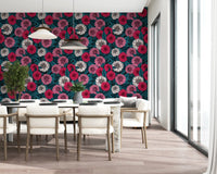 Dahlia garden pink red and white flowers blue leaves wallpaper for a dining room.