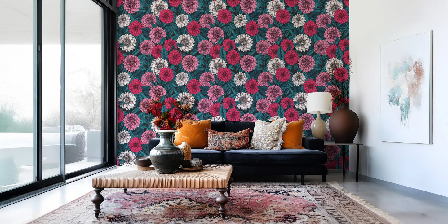 Dahlia garden pink red and white flowers blue leaves wallpaper for a living area.