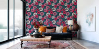 Dahlia garden pink red and white flowers blue leaves wallpaper for a living area.