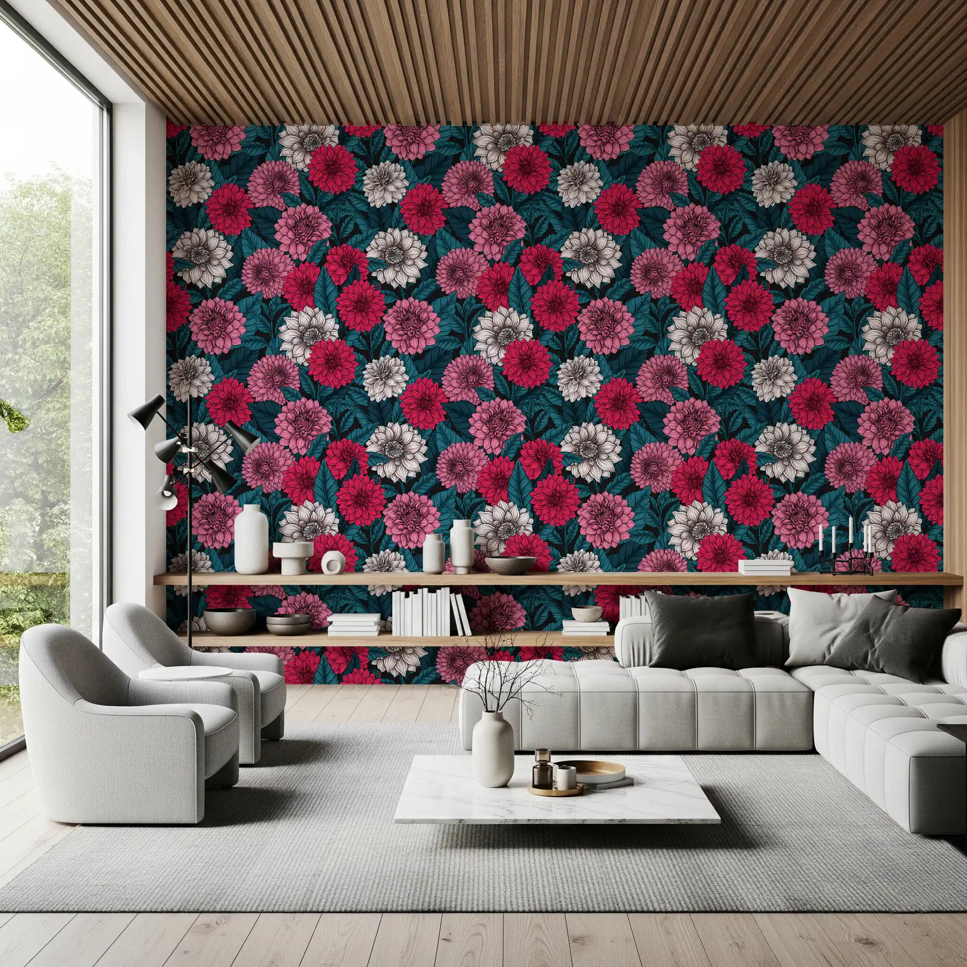 Dahlia garden pink red and white flowers blue leaves Wallpaper for a living room.