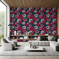 Dahlia garden pink red and white flowers blue leaves Wallpaper for a living room.