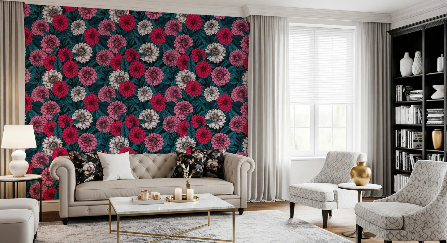 Colorful botanical flowers wallpaper for a hallway backdrop.