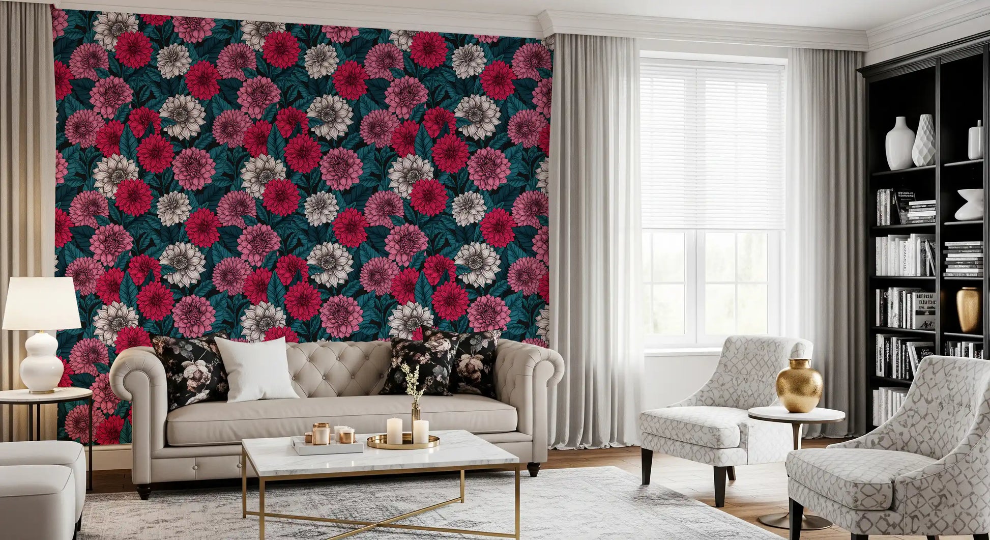 Colorful botanical flowers wallpaper for a hallway backdrop.