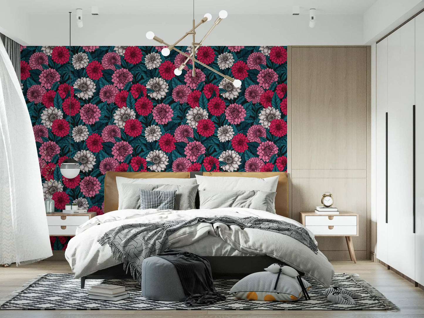 Bright white wallpaper pattern with contrasting dark navy leaf motifs.