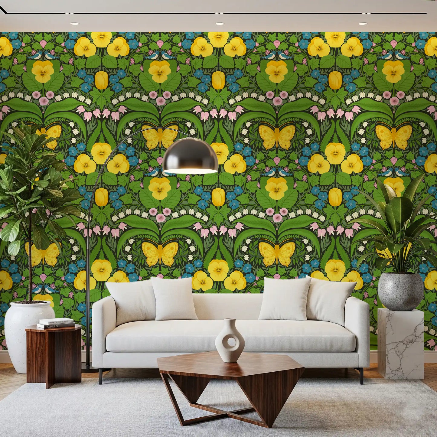 Dollhouse garden, Yellow pansies, birds and butterflies Wallpaper for living room.