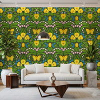 Dollhouse garden, Yellow pansies, birds and butterflies Wallpaper for living room.