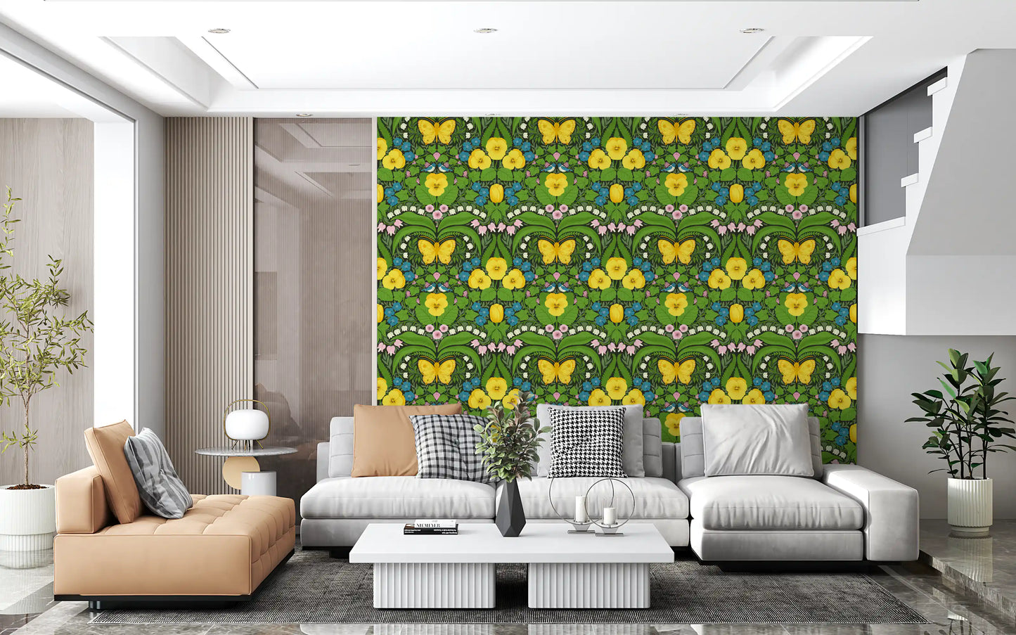 Living room wallpaper with illustrated yellow pansies and green foliage in folk art style.