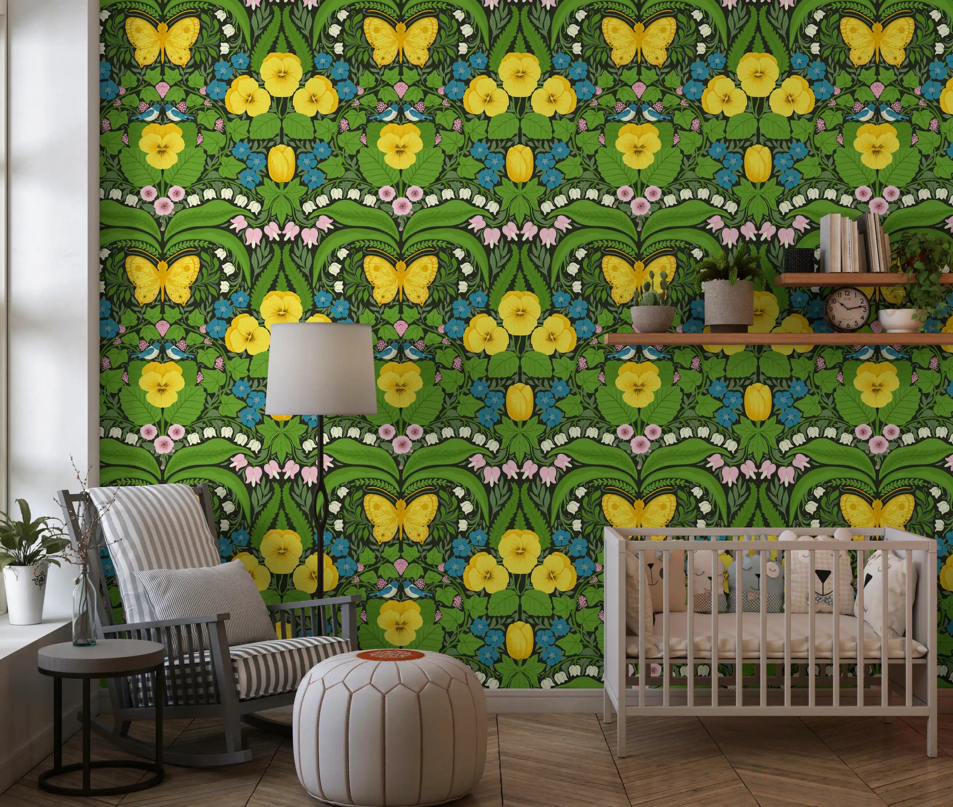 Playroom wallpaper featuring bright yellow pansies and green leaves on a dark base.