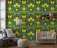 Playroom wallpaper featuring bright yellow pansies and green leaves on a dark base.