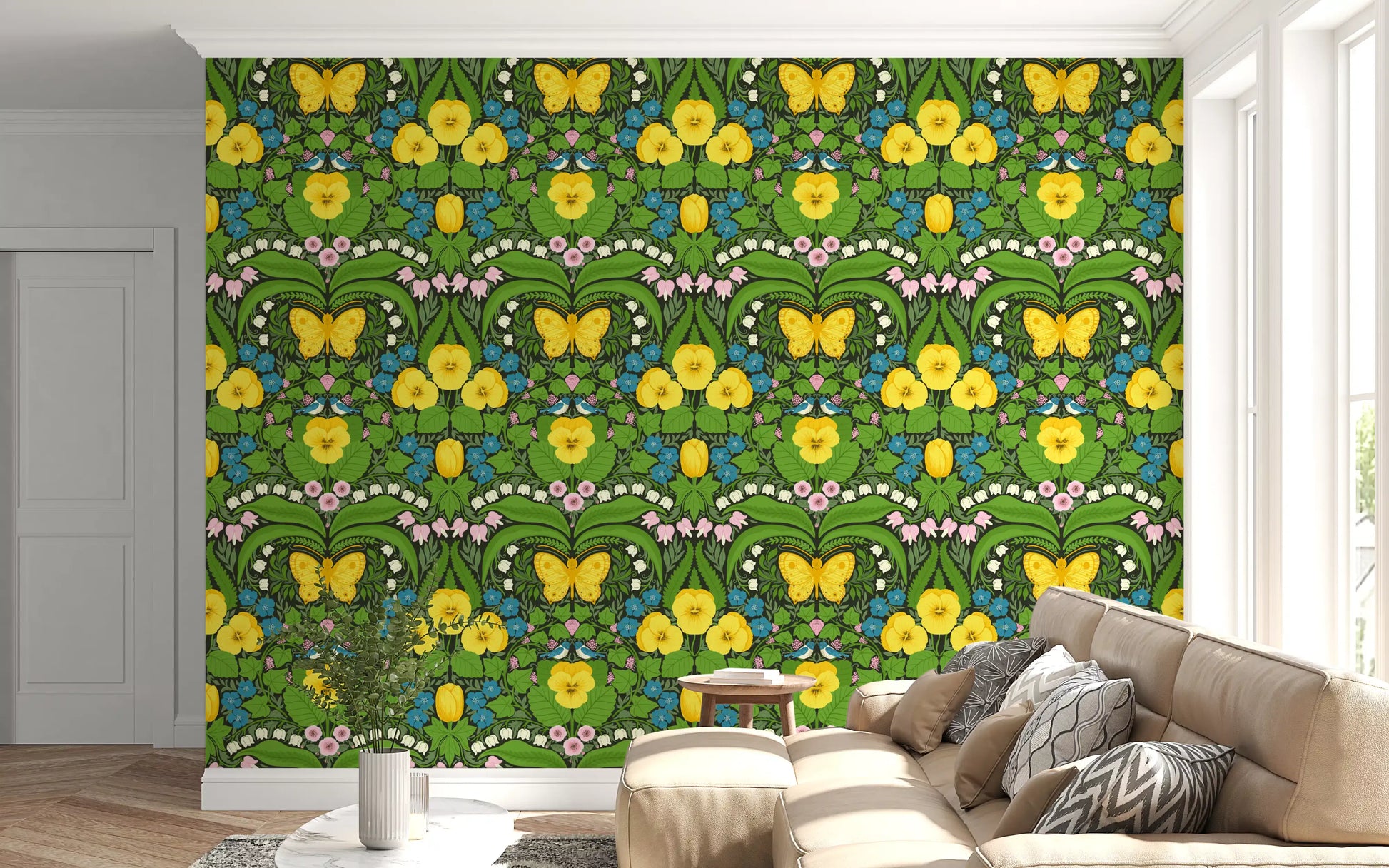 Symmetrical garden illustration with a large yellow butterfly on this floral wallpaper.