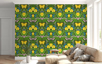 Symmetrical garden illustration with a large yellow butterfly on this floral wallpaper.