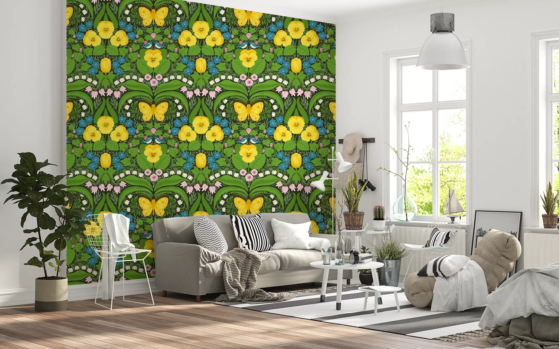 Dark background wallpaper featuring a yellow butterfly and botanical garden graphics.