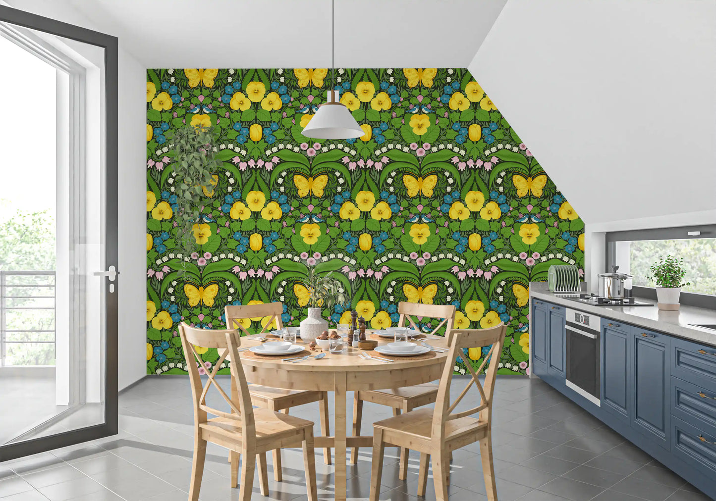 Dining room with Dollhouse garden, Yellow pansies, birds and butterflies Wallpaper.