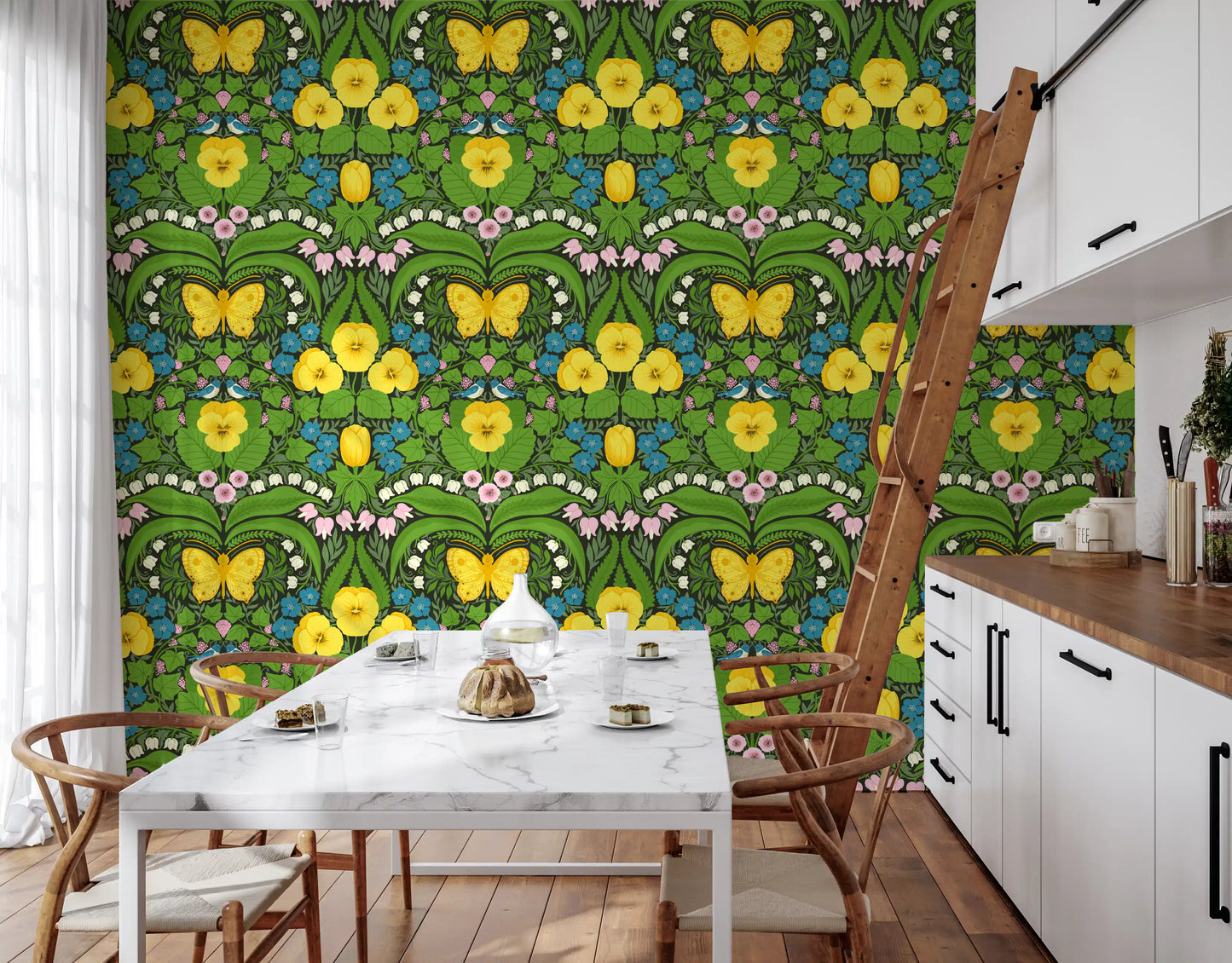 Floral wallpaper design with two small blue birds and pink flowers in a garden theme.