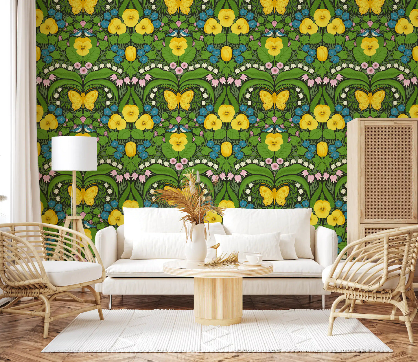 Illustrated Dollhouse garden, Yellow pansies, birds and butterflies Wallpaper design.