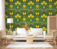 Illustrated Dollhouse garden, Yellow pansies, birds and butterflies Wallpaper design.