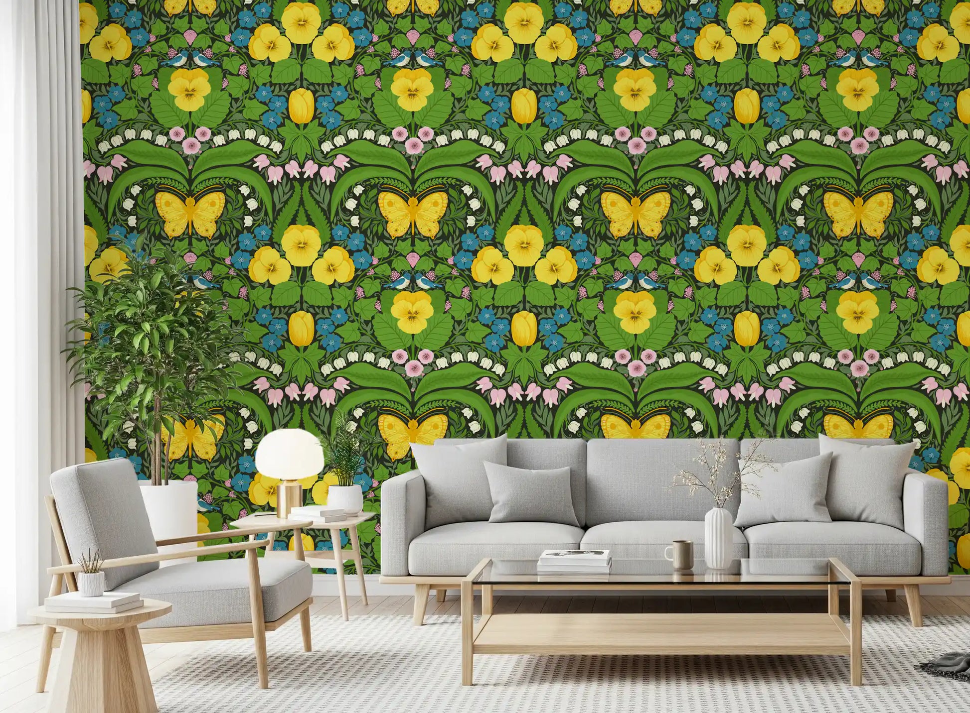 Living room wallpaper with a symmetrical dollhouse garden pattern and white lilies.