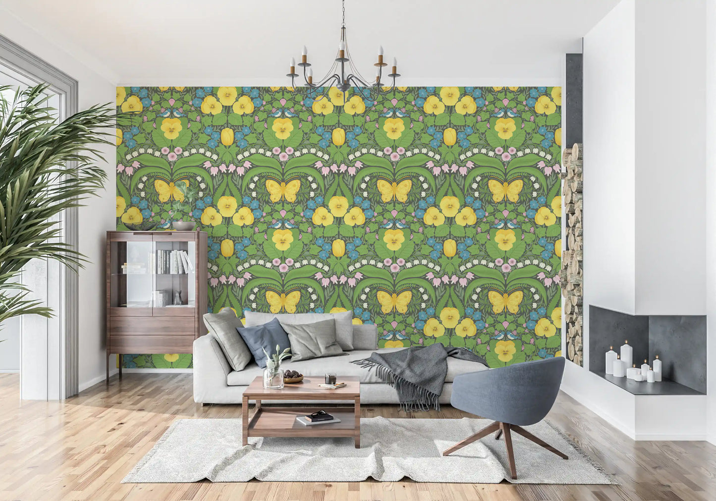 Dollhouse garden, Yellow pansies, birds and butterflies Wallpaper floral wallpaper.