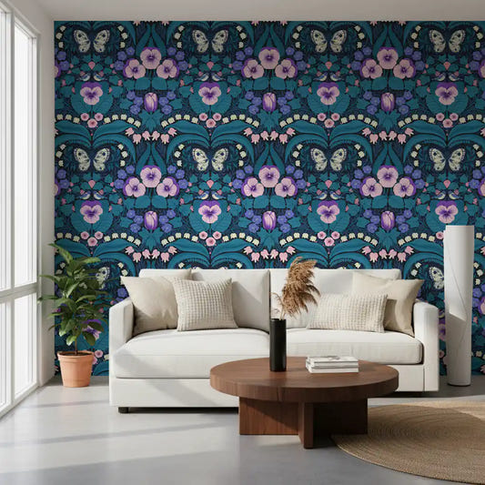 Symmetrical botanical wallpaper with purple pansies for a living room.