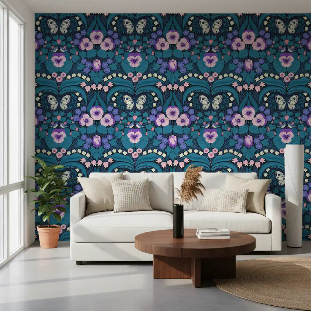 Symmetrical botanical wallpaper with purple pansies for a living room.