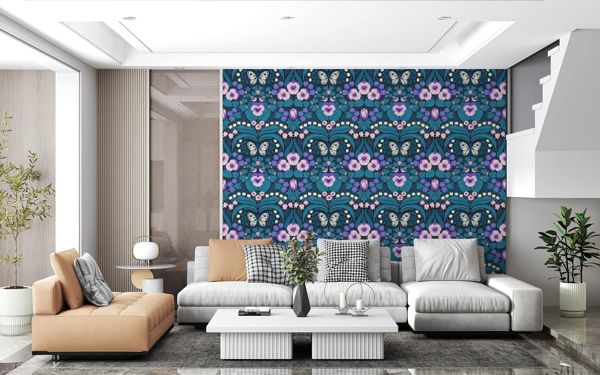 Dollhouse garden, pansies, birds and butterflies Wallpaper for living room.